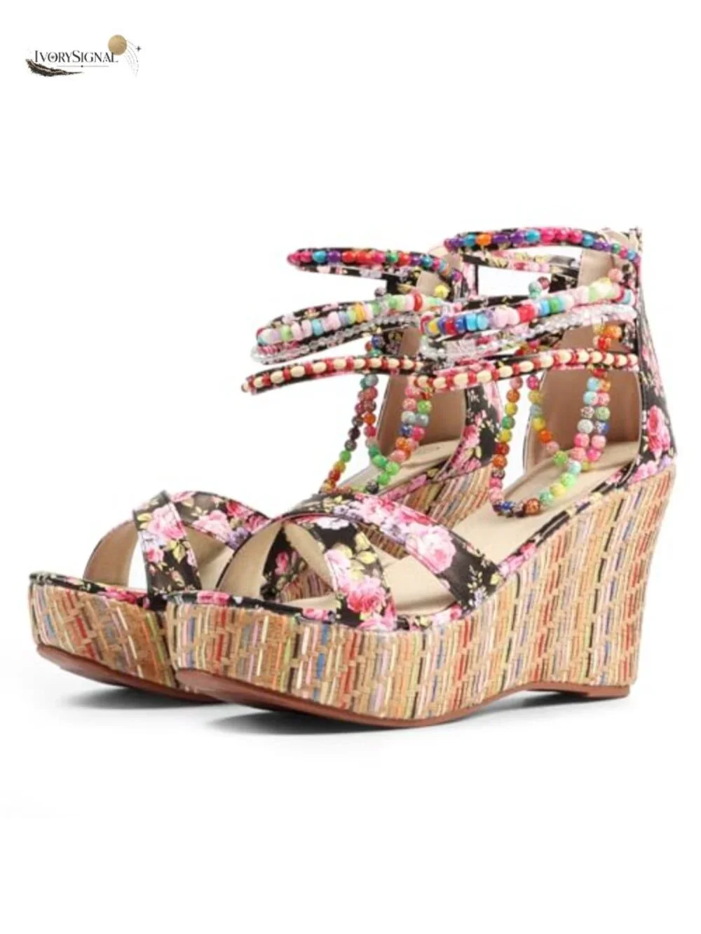 Women's Wedge Sandals with Pearls Platform High Heels Back Zipper